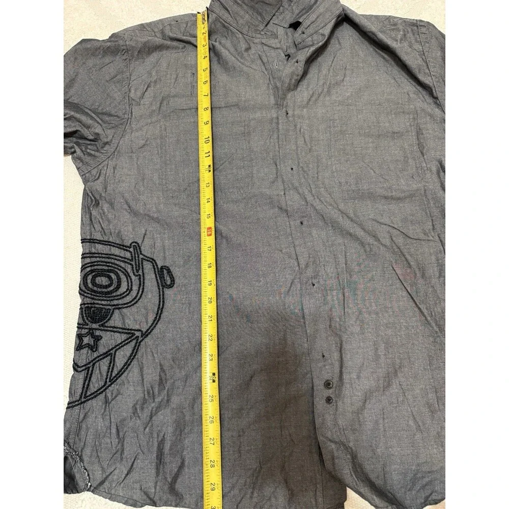 Live Mechanics Men’s XL Gray Chambray Cotton Button-Up Shirt Embroidered Patches